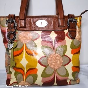 Fossil Leather & Waxed Canvas Floral  Shoulder Tote Bag